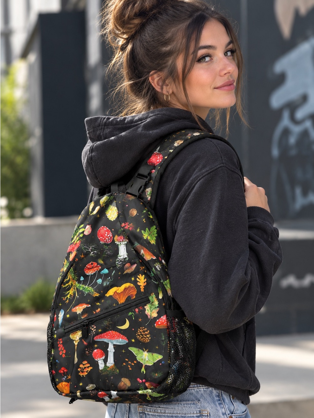 Black Mushroom-Print Sling Bag with Multi-Color Accents